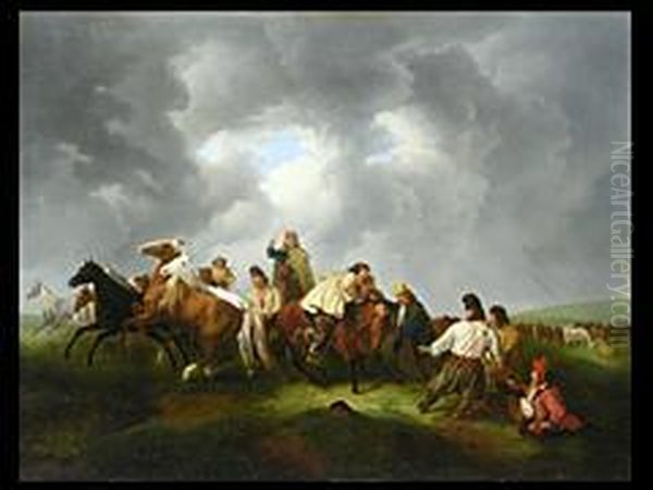 Herdenauftrieb In Der Puszta Oil Painting by Friedrich L'Allemand