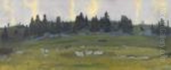 Hugelige Landschaft Mit Tannen Im Morgengrauen Oil Painting by Charles L'Eplattenier