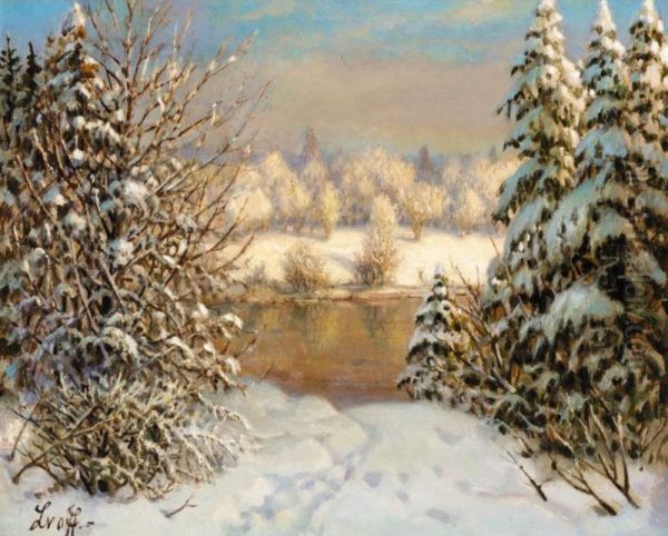 Sunrise Over A Snowy Landscape Oil Painting by Petr Ivanovich L'Vov