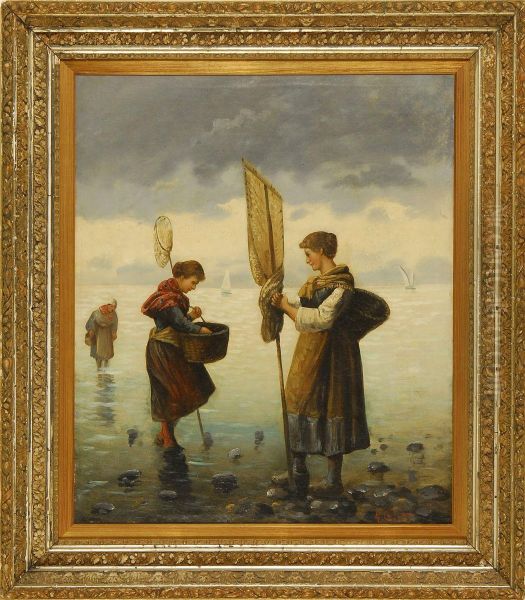 Women Fishing With Nets Oil Painting by H. La Croix