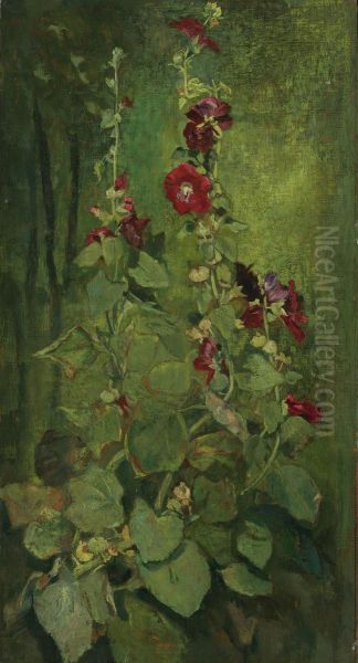 Red Hollyhocks Oil Painting by John La Farge