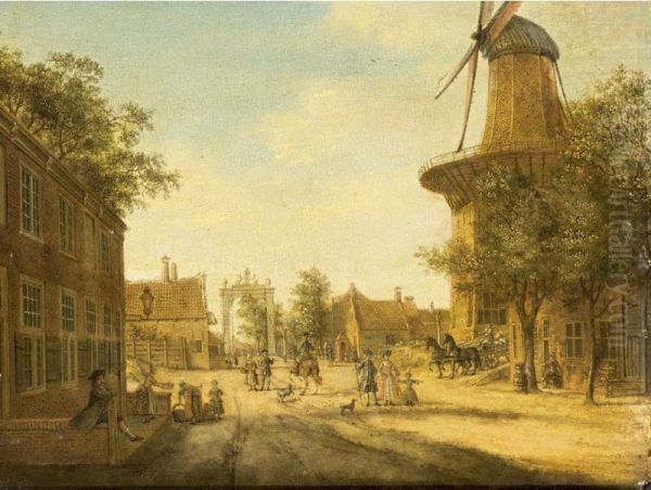 The Hague: A View Of The Westeinde Towards The Loosduinsebrug , With The Heeremolen To The Right Oil Painting by Jacob Elias La Fargue