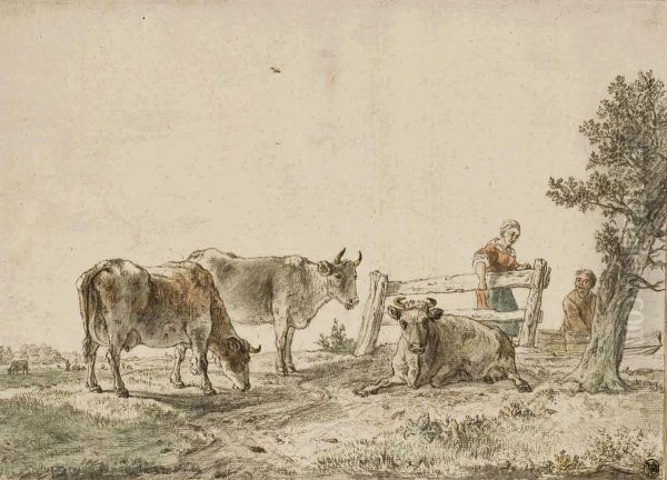 Vaches Et Paysans Dans Un Pre Oil Painting by Karel La Fargue