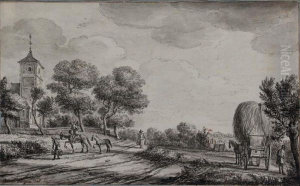 View Of Leidschendam, With Peasants Milking Cattle Oil Painting by Karel La Fargue