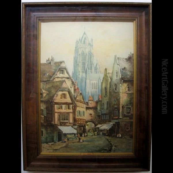 European Street Scene With Cathedral Oil Painting by Rhoda La Marsh