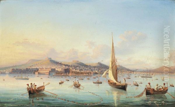 Fishing Before Naples, Vesuvius Beyond Oil Painting by Gioacchino La Pira