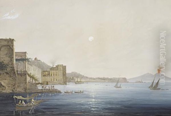 Vesuvius In Eruption With The Bay Of Naples In The Distance; The Bay Of Naples Oil Painting by Gioacchino La Pira