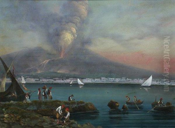 Figures On The Shore With Vesuvius Erupting In The Background Oil Painting by Gioacchino La Pira