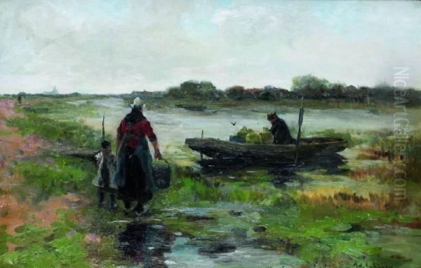 Polderlandschap Met Punter, Boerin En Kind Oil Painting by Adriaan Philippus La Riviere