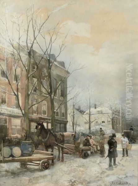 Winter Te Rotterdam: A Busy Snow Covered Street Oil Painting by Adriaan Philippus La Riviere