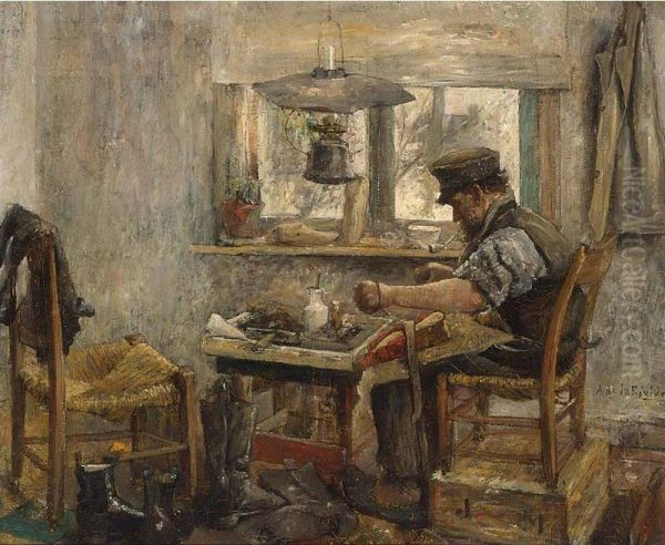 A Cobbler At Work Oil Painting by Adriaan Philippus La Riviere