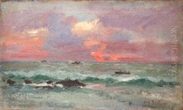 Ciel Flamboyant Sur Mer Agitee Oil Painting by Elodie La Villette