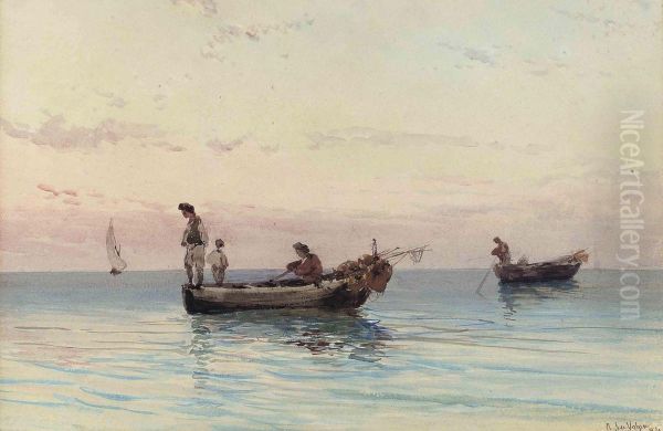 Neapolitan Fishermen On Still Waters At Dusk Oil Painting by Alessandro la Volpe