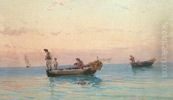 Fishermen In Boats On Tranquilwaters Oil Painting by Alessandro la Volpe