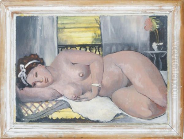 A Reclining Nude Oil Painting by Lucien Adolphe Labaudt