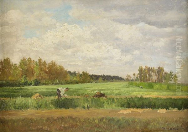 Landskap Med Skordearbetare Oil Painting by Edme Emile Laborne