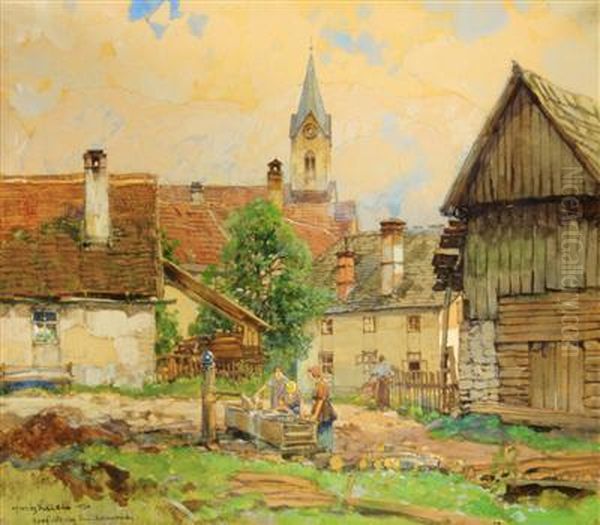 A Village Oil Painting by Fritz Lach