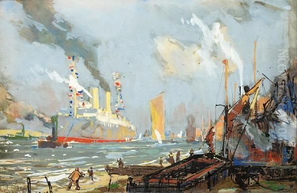 A Cruise Liner Leaving Port Oil Painting by Bernard Lachevre