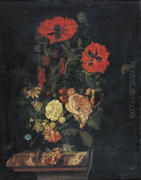 Still Life With Poppies, Roses, Carnations And Other Flowers In A Vase Resting On A Marble-top Table Oil Painting by Nicolaes Lachtropius