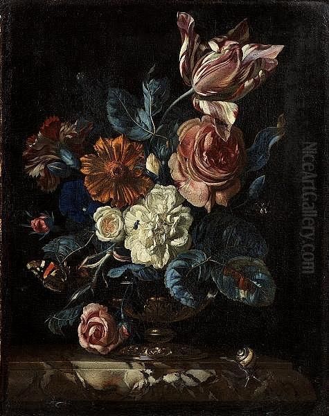 Roses, A Tulip, A Carnation And Other Flowers In A Gilt Bronze Mounted Bowl On A Marble Ledge With A Snail, A Red Admiral Butterfly And Other Insects Oil Painting by Nicolaes Lachtropius