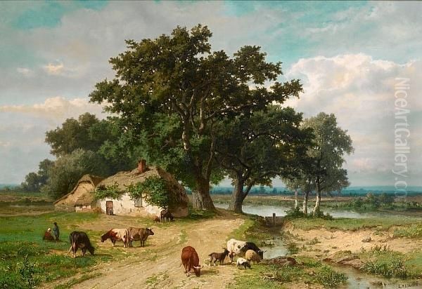 Cattle In A Landscape Oil Painting by Adolphe Lacomble