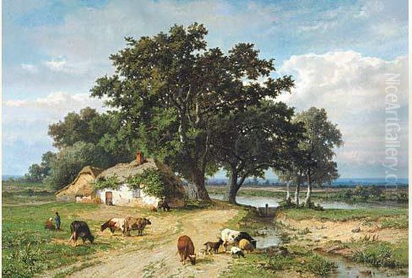 Landschap Met Hoeve En Vee Oil Painting by Adolphe Lacomble