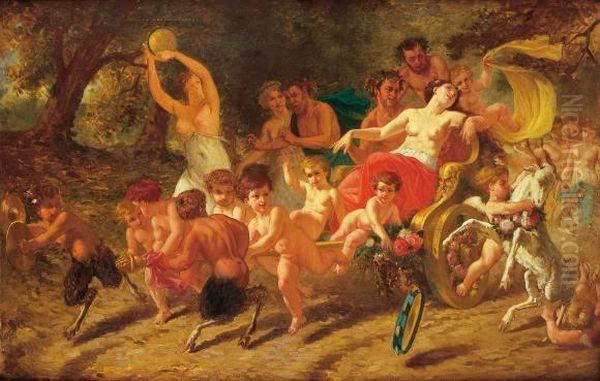 Faunes Et Putti Tirant Le Char Du Desir. Circa 1869 Oil Painting by Pierre Eugene Lacoste