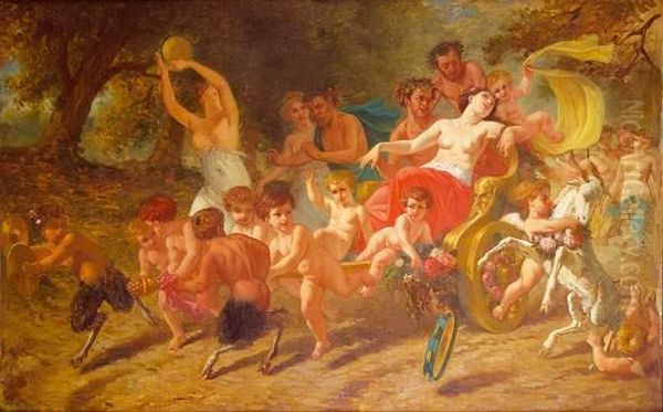 Faunes Et Putti Tirant Le Char Du Desir, Circa 1869 Oil Painting by Pierre Eugene Lacoste