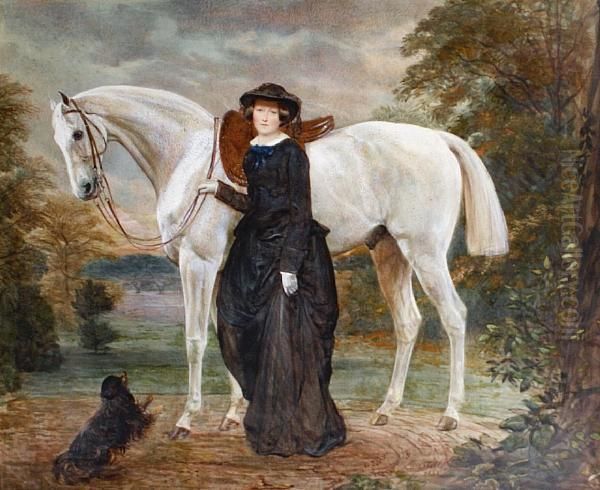 Portrait Of A Lady With A Grey Horse And A Dogat Her Feet, A Landscape Beyond Oil Painting by Jean Edouard Lacretelle