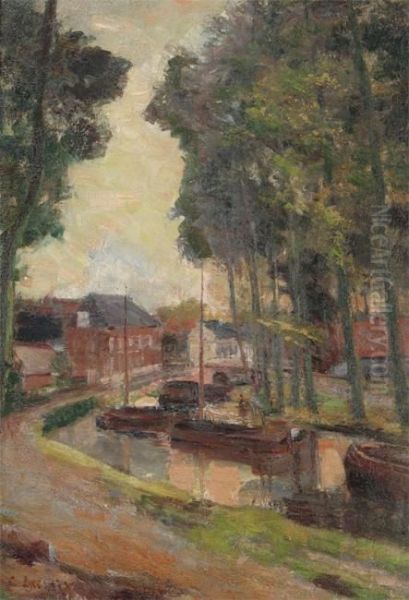 Village View With Boats On The Canal Oil Painting by Clemence Lacroix