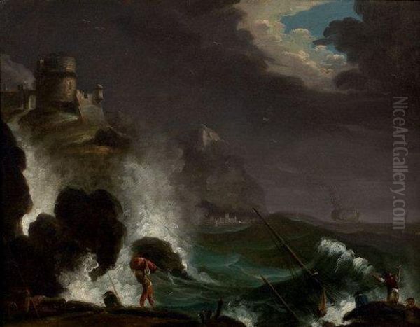 Scene De Tempete Pres D'un Rivage Oil Painting by Charles Francois Lacroix de Marseille