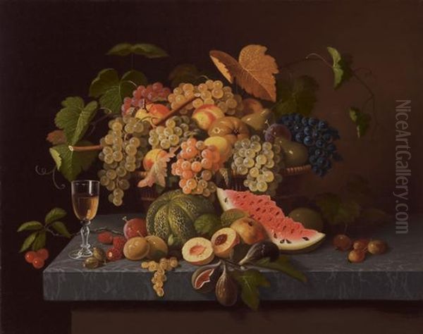 Fruit And Wine Glass On A Marble Tabletop Oil Painting by Paul Lacroix