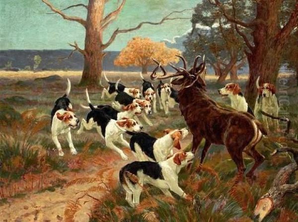 Cerf Attaque Par Les Chiens Oil Painting by Tristan L. Jules Lacroix