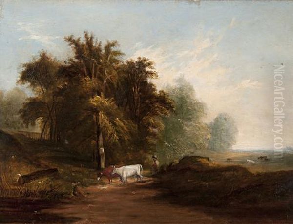 Cattle And Drover At Bramerton Oil Painting by Frederick Ladbrooke