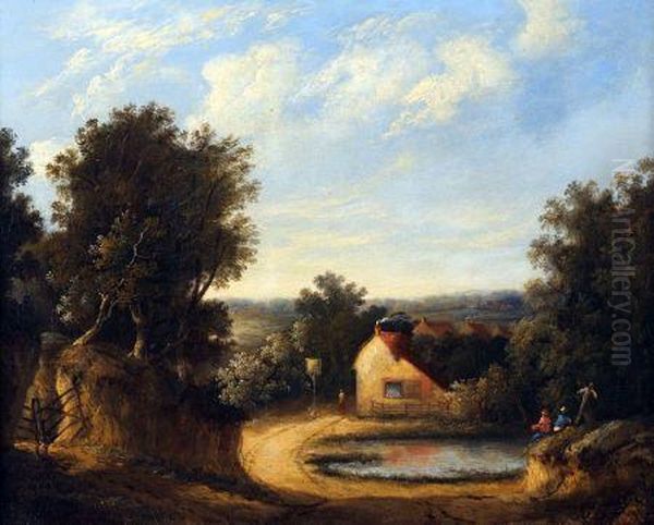 Norfolk Landscape With Figures By An Inn Oil Painting by Henry Ladbrooke