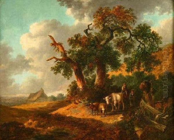 Boardfigures With Cattle And Sheep In A Country Lane Oil Painting by Henry Ladbrooke