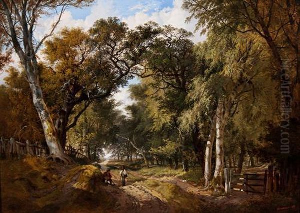 A Wooded Landscape With Figures Resting On A Track Oil Painting by John Berney Ladbrooke