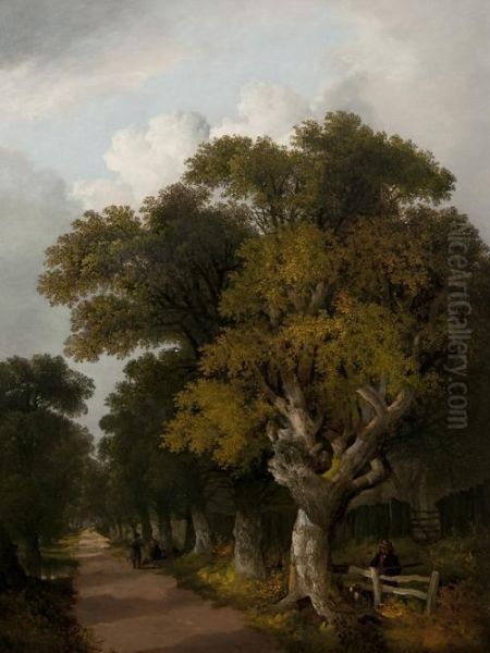 A Woodland Road With A Sportsman And His Dog And Travellers Resting Beyond Oil Painting by John Berney Ladbrooke