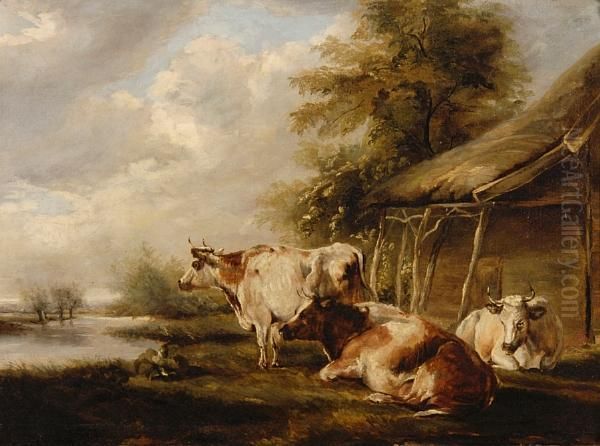 River Landscape With Cattle Before A Barn Oil Painting by Robert Ladbrooke