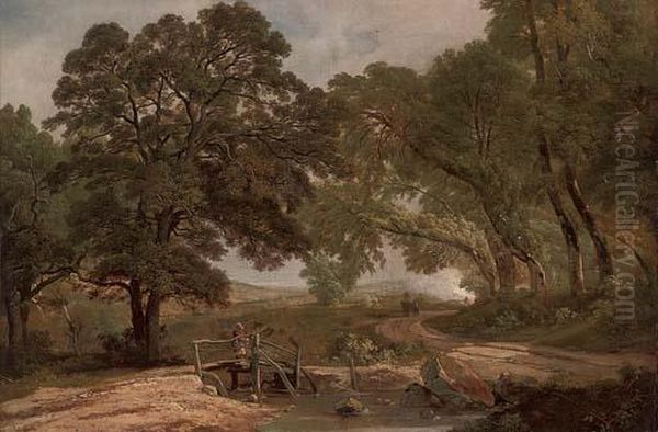 A Figure Beside A Wooded Pool Oil Painting by Robert Ladbrooke