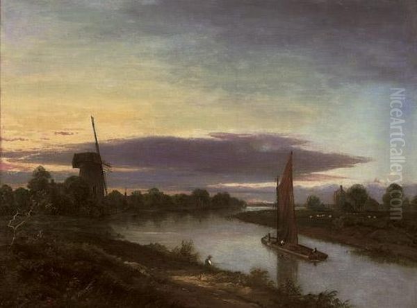 Boats On A River, A Windmill Beyond Oil Painting by Robert Ladbrooke