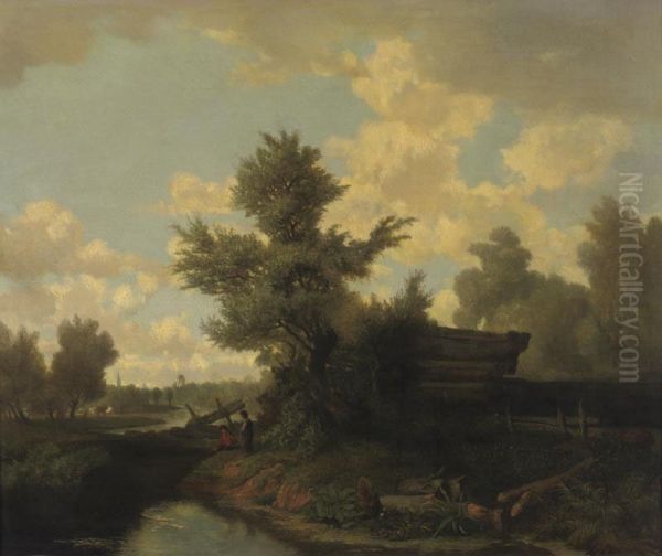 Children Playing By A Stream Oil Painting by Robert Ladbrooke