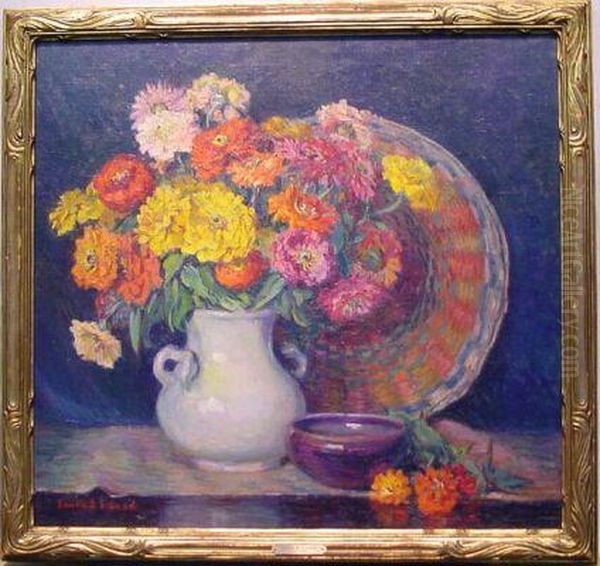 Floral Still Life With Woven Basket And Ceramic Bowl Oil Painting by Laura D. Stroud Ladd