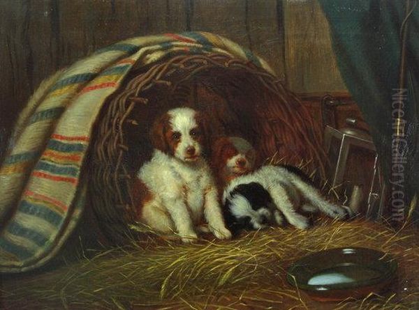 Puppies In A Basket Oil Painting by Ernest Laddey