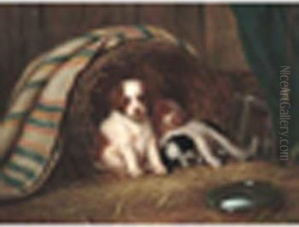 Puppies Ina Basket Signed, Oil On Canvas 25 X 34in Oil Painting by Ernest Laddey