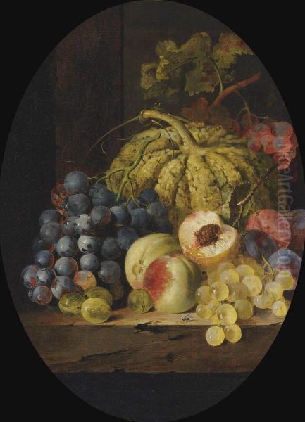 Fruit On A Wooden Ledge, In An Oval Mount Oil Painting by Edward Ladell