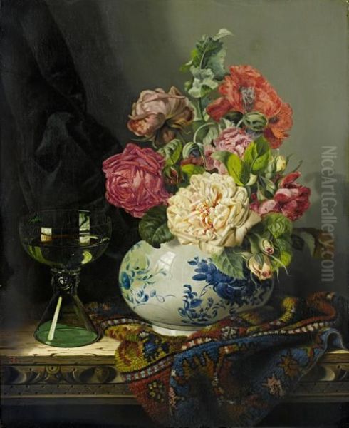 Roses In A Blue And White Vase With A Roemer And A Turkish Carpet Oil Painting by Edward Ladell