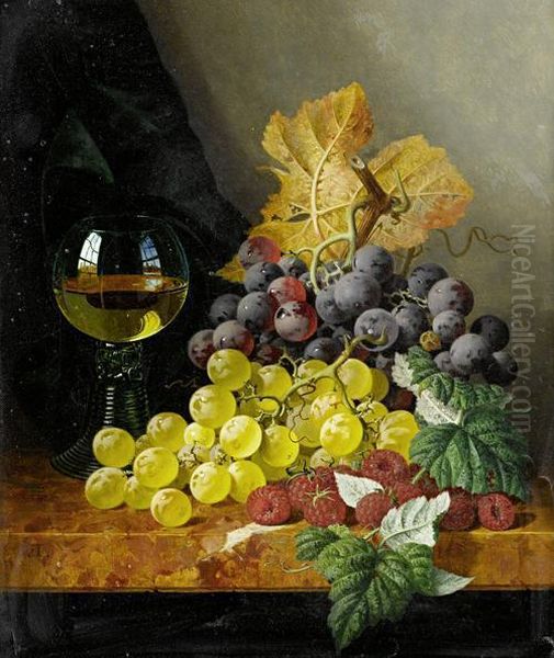 Still Life With Fruit And A Glass On A Marble Ledge Oil Painting by Edward Ladell