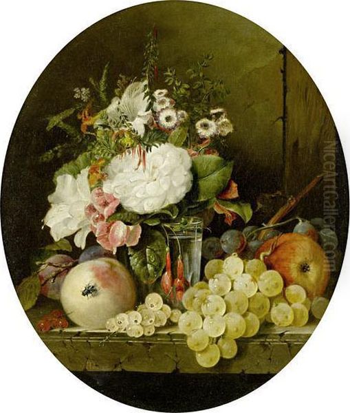 Still Life With Flowers And Fruit On A Marble Ledge Oil Painting by Edward Ladell