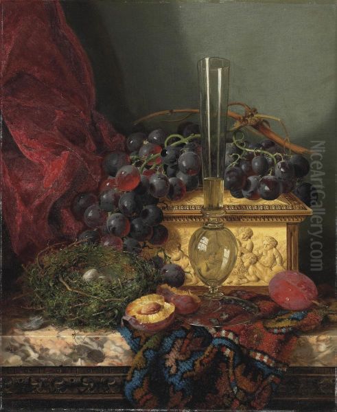 Still Life With Grapes, Plums, A Bird's Nest, An Ivory Casket And A Glass Oil Painting by Edward Ladell